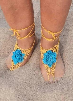 Украшение на ногу желтый с голубым цветком слейв браслет9 фото