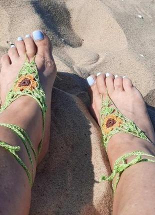 Салатовый с оранжевым цветком пляжные слейвы браслеты на стопы вязаное украшение  на ноги.8 фото