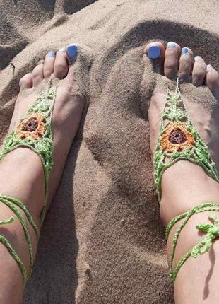 Салатовый с оранжевым цветком пляжные слейвы браслеты на стопы вязаное украшение  на ноги.5 фото