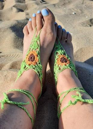 Салатовый с оранжевым цветком пляжные слейвы браслеты на стопы вязаное украшение  на ноги.3 фото