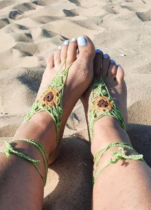 Салатовый с оранжевым цветком пляжные слейвы браслеты на стопы вязаное украшение  на ноги.7 фото