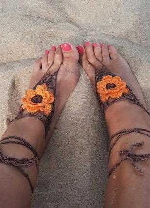Браслети на ноги коричневий з потрійним помаранчевим квіткою. прикраса ножні для екзотических танців10 фото