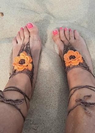 Браслеты на ноги коричневый с тройным  оранжевым цветком. украшение ножные для екзотических танцев8 фото