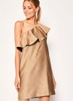 Marella ошатна сукня золота коктельна вечірня на одне плече з воланами як max mara maje sandro