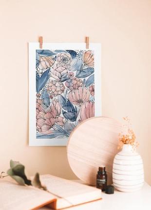 Акварельный постер с голубыми и розовыми цветами5 фото