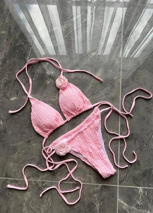 Розовый купальник бикини жатка + трендовые цветки6 фото