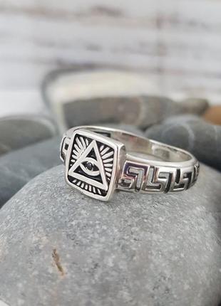 Кольцо печатка всевидящее око или лучи творца — масонский символ серебро 9255 фото