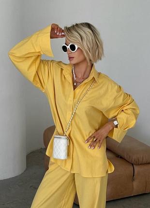 Преміальний костюм двійка з натурального льону колір лимон/жовтий xs s m l 42 44 46 сорочка+штани палаццо2 фото