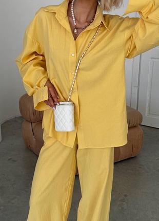 Преміальний костюм двійка з натурального льону колір лимон/жовтий xs s m l 42 44 46 сорочка+штани палаццо