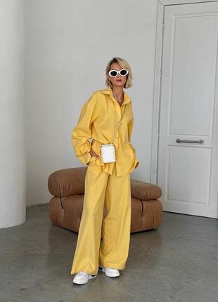Преміальний костюм двійка з натурального льону колір лимон/жовтий xs s m l 42 44 46 сорочка+штани палаццо5 фото