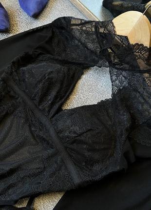 Шикарний мереживний боді бодік комбідрес чорний з довгим рукавом з розрізами для пальчиків з гарною спинкою кофтинка блуза блузка8 фото
