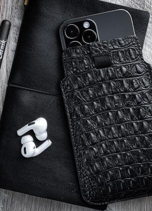 Чехол карман из кожи крокодила crocodile ручной работы | черный9 фото