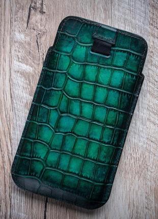 Чохол карман з натуральної шкіри під крокодила crocodille ручної роботи | зелений2 фото