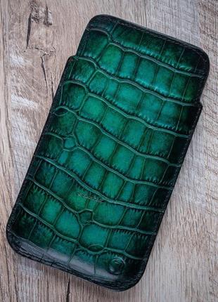 Чохол карман з натуральної шкіри під крокодила crocodille ручної роботи | зелений3 фото