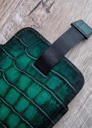 Чохол карман з натуральної шкіри під крокодила crocodille ручної роботи | зелений7 фото