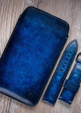 Чехол карман из "живой" кожи exclusive ручная покраска | синий8 фото