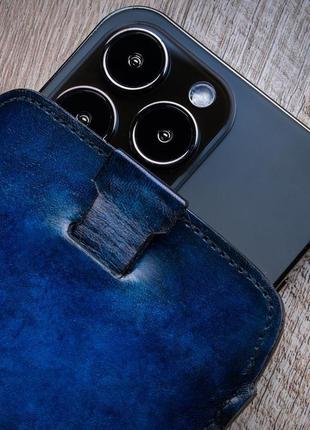 Чохол карман зі "живої" шкіри exclusive ручне фарбування | синій5 фото