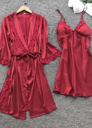 Комплект домашній халат атласний + нічна сорочка червоний розм...