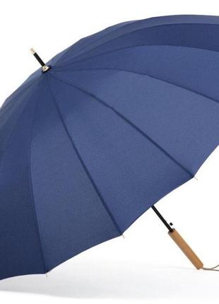 Зонт трость krago з прямою дерев'яною ручкою 16 спиць синій