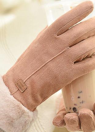 Жіночі замшеві рукавички з хутром коричневі3 фото