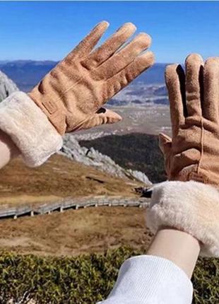 Жіночі замшеві рукавички з хутром коричневі7 фото