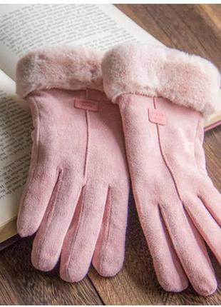 Жіночі замшеві рукавички з хутром рожеві2 фото