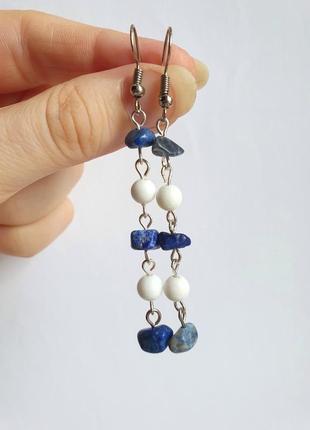 Довгі сережки (7.2 см) з камінням лазурит і білий агат