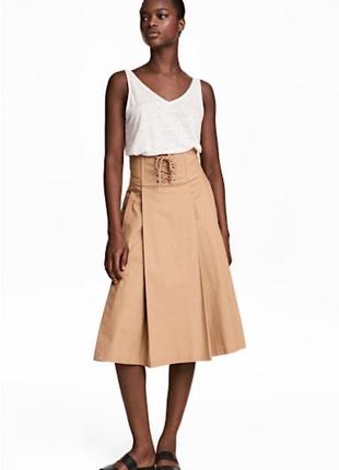 Хлопковая юбка миди со шнуровкой бежевая песочная кэмел h&amp;m со сборками женская летняя весенняя осенняя5 фото