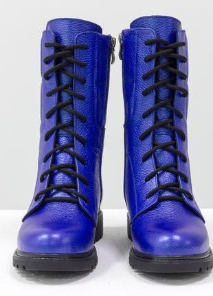 Кожаные ярко-синие высокие женские ботинки берцы осень-зима3 фото