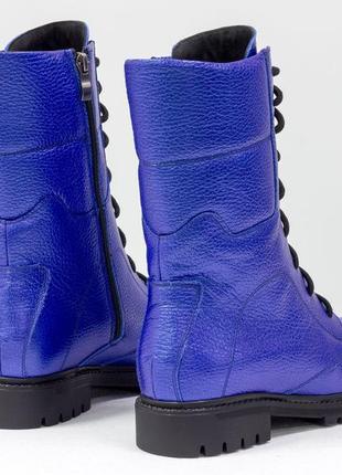 Кожаные ярко-синие высокие женские ботинки берцы осень-зима6 фото
