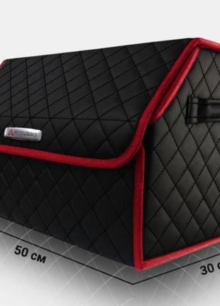 Органайзер в багажник авто mitsubishi от carbag чёрный с чёрной строчкой и красной окантовкой