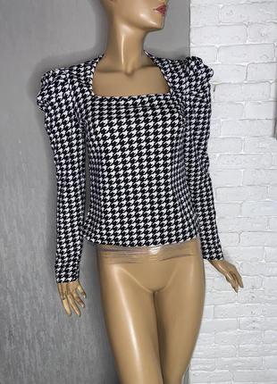 Трикотажная блуза с объемными рукавами кофта в принт гусиная лапка shein, l-xl1 фото