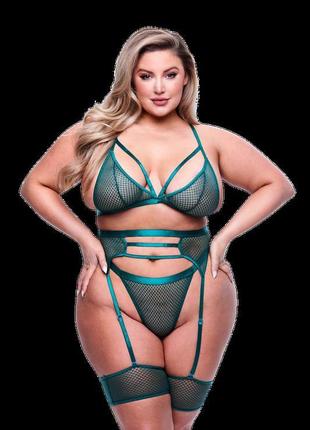 Комплект білизни 3pc strappy bra, garter & panty set green, queen