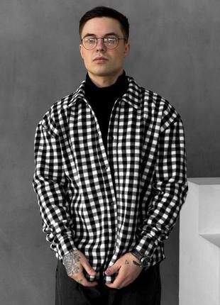 Чоловіча весняна кашемірова сорочка люкс якості чорно-біла в клітинку на кнопках1 фото