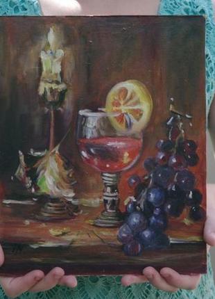 Оригінальна картина маслом натюрморт виноград і вино