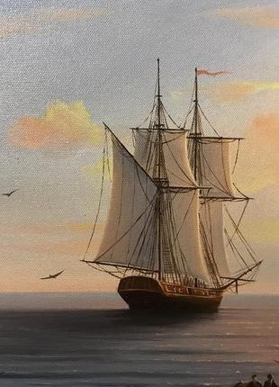 Красивая интерьерная картина 50х80см  парусник в море маслом на холсте с кораблем,  морем ручная ра4 фото