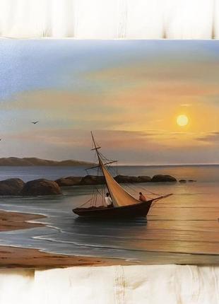 Красивая сюжетная картина маслом на холсте 50х80см рыбаки утро, солнце, люди лодка ручная работа1 фото