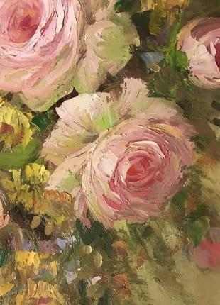 Картина маслом 50х70см рожеві троянди у вазі на полотні мастихін ручна робота художника5 фото