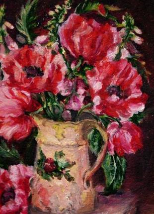 Картина маслом на оргалите 17х24 см маки в кувшине с цветами натюрморт цветы ручная работа художника9 фото