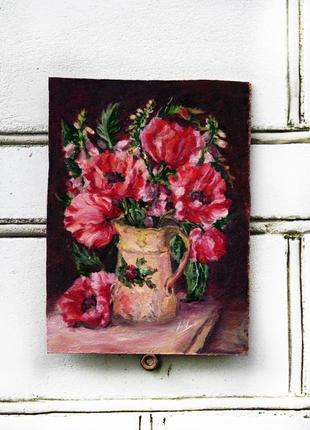 Картина маслом на оргаліті 17х24см маки в глечику з квітами натюрморт квіти ручна робота художника10 фото
