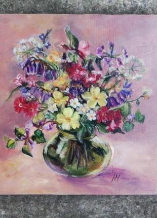 Картина маслом на оргаліті  20х20см літні лугові квіти в скляній вазі ручна робота художника10 фото