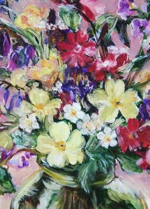 Картина маслом на оргалите 20х20см летние луговые цветы в стеклянной вазе ручная работа художника2 фото