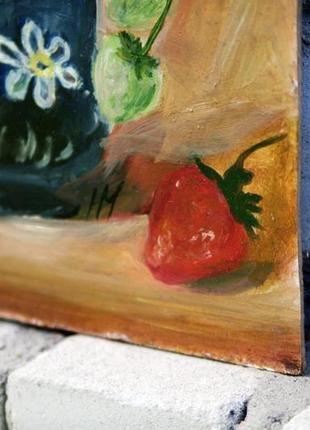 Картина маслом на оргалите 20х25см красивая красная клубника натюрморт цветы и ягоды ручная работа4 фото