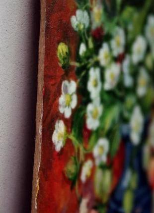 Картина маслом на оргаліті 20х25см гарна червона полуниця натюрморт квіти і ягоди ручна робота2 фото