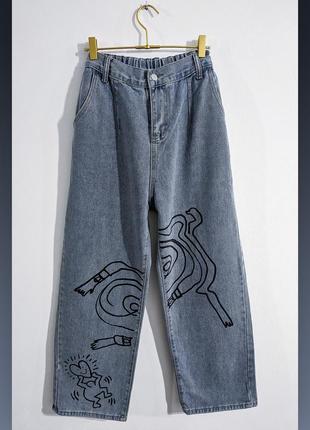 Джинсы широкие с высокой посадкой keith haring denim jeans