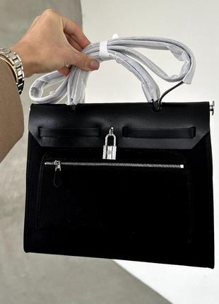 Сумка женская кожаная текстилю hermes herbag light black6 фото