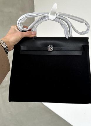 Сумка женская кожаная текстилю hermes herbag light black4 фото