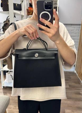 Сумка женская кожаная текстилю hermes herbag light black9 фото