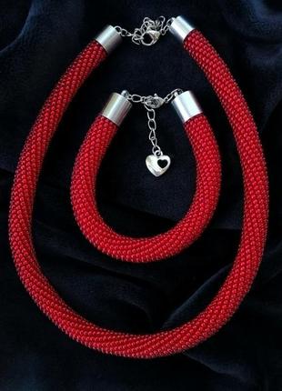 Красный комплект бисерных жгутов колье (чокер) + браслет