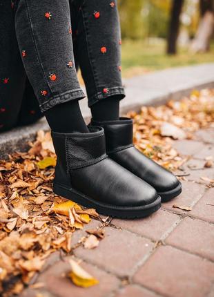 Женские чёрные угги ugg mini classic black leather6 фото